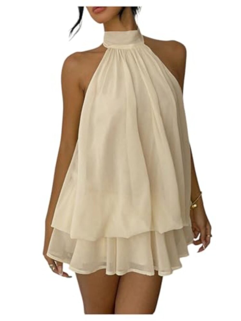 Women's Halter Ruffle Mini Dress Pleated A-Line Cocktail Party